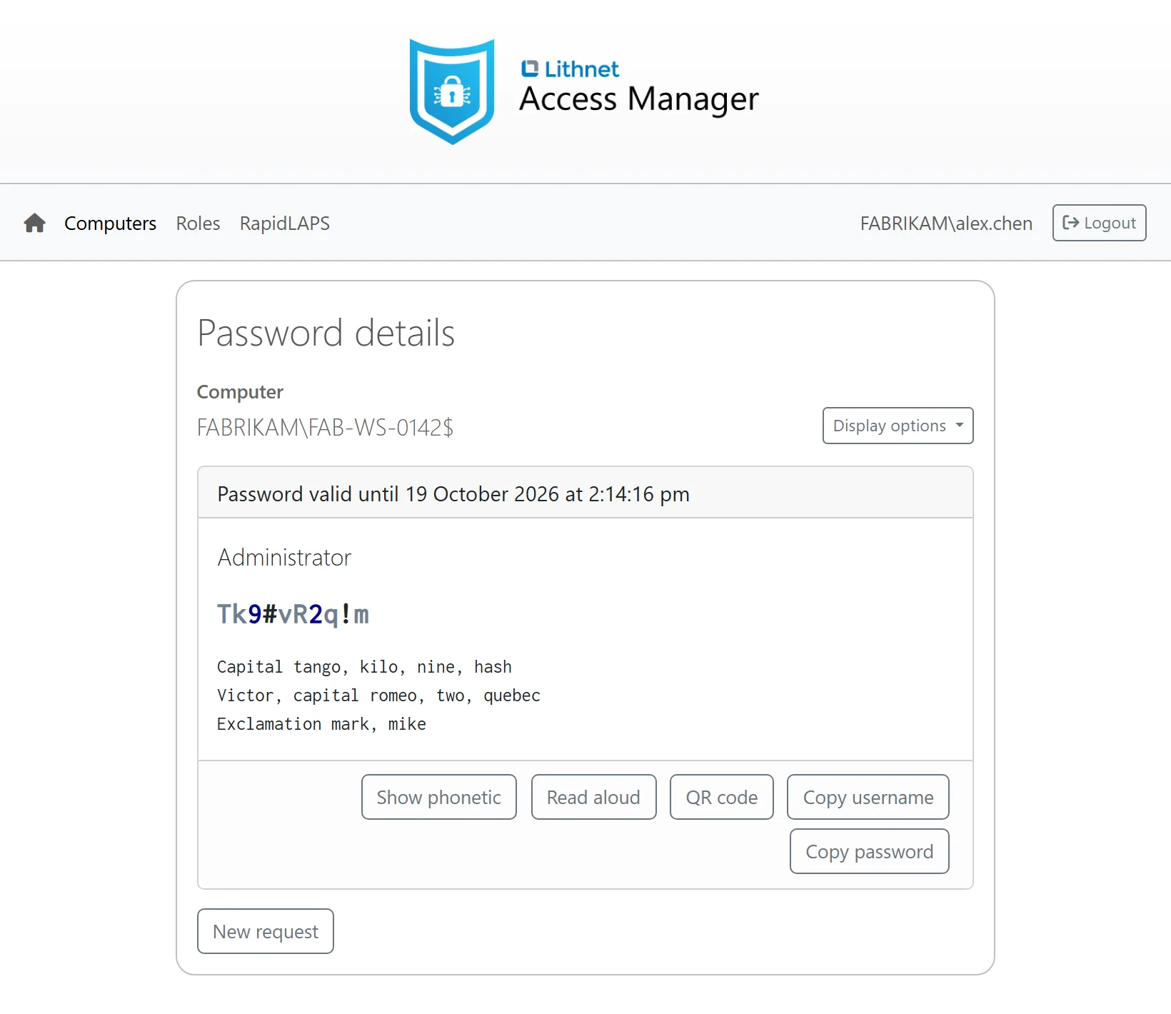 A random LAPS password in the Access Manager web app, with digits and symbols in their own colors and the password spelled out in the phonetic alphabet