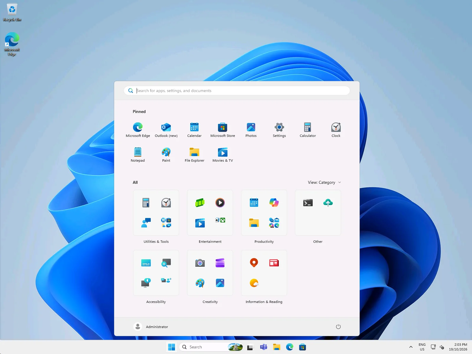The Windows desktop, logged on as the local administrator