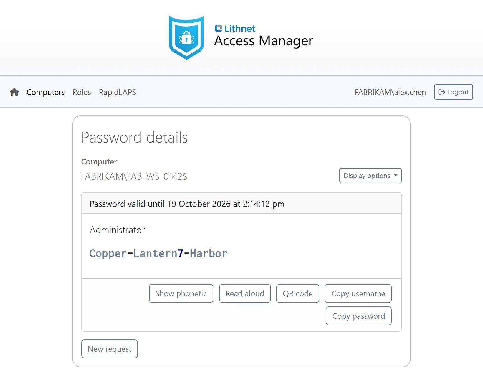 A passphrase LAPS password in the Access Manager web app, with Show phonetic, Read aloud and Copy