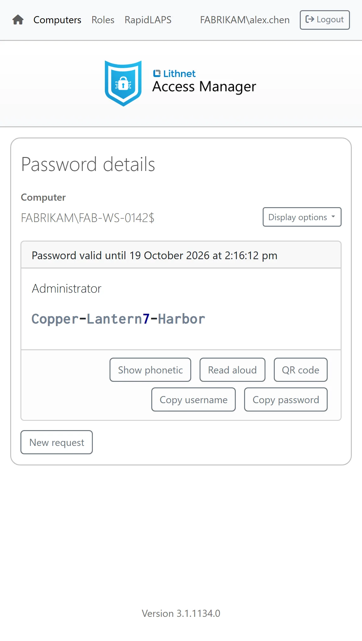A passphrase LAPS password in the Access Manager web app on a phone
