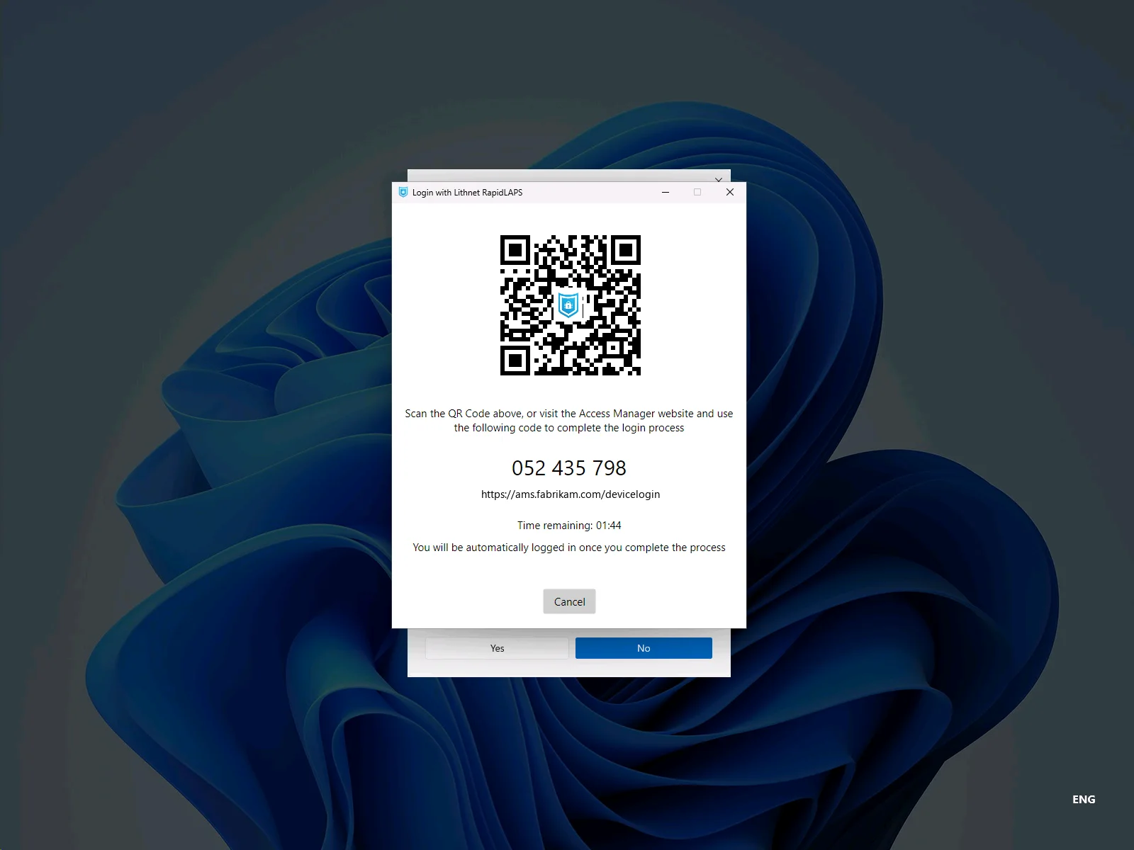 The Elevate with RapidLAPS prompt with a QR code and PIN