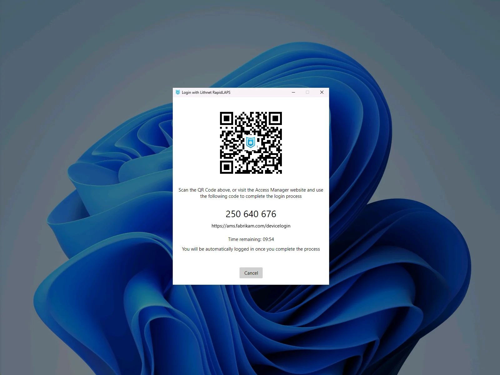 The RapidLAPS QR code on the Windows logon screen